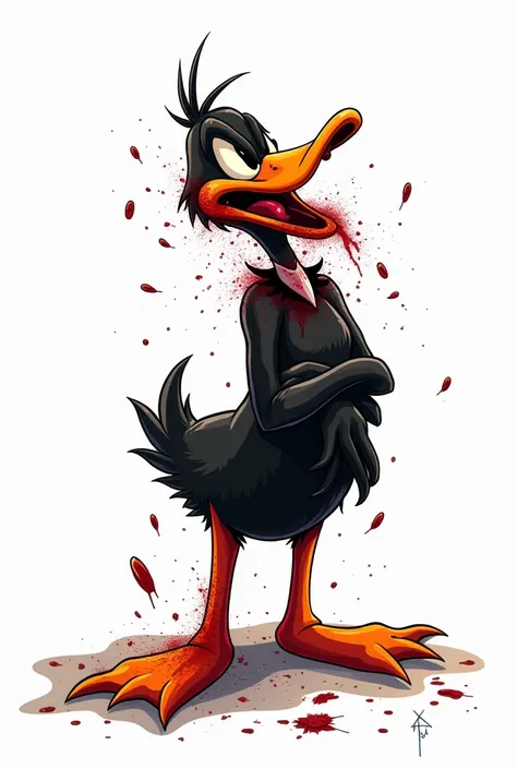  Daffy Duck commits suicide with one shot. Image on white background. Let it be bloody and horrible . I need an ignorant tatto style, 