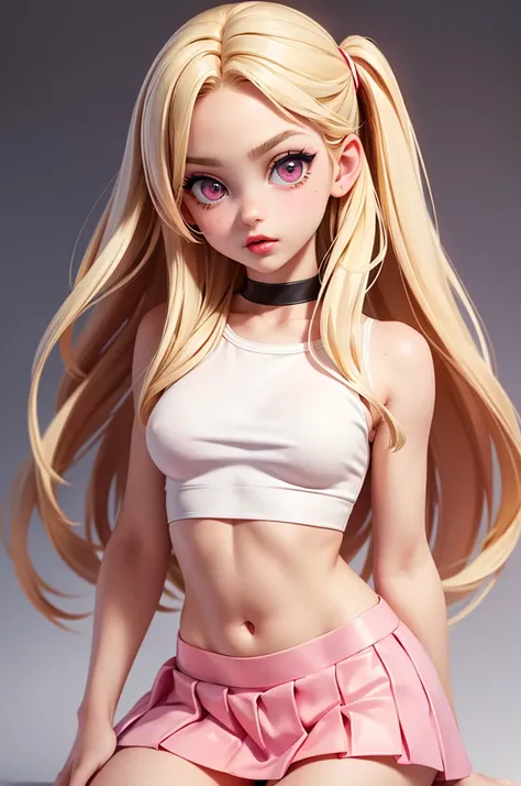 hyperrealistic american teen, blonde, little, perfect tiny body, sexy, dark makeup, perfect slim face, big red lips, very cute face, tiny body, big eyes, young looking, small, white crop top, pink skirt, big tits
