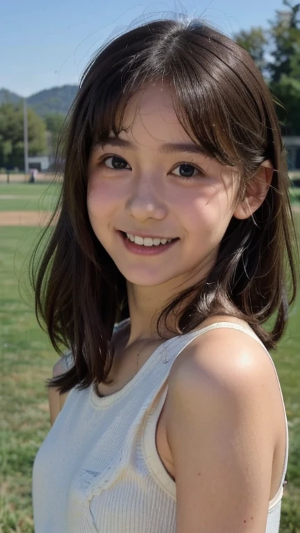 japanese girl, short bob hair, (masterpiece,   best quality,   High Definition  ,   super detailed, 8k, 4K),  ((((Transcendental cute 8th grader)))) 、((smile))、 sports practice 、Club activity practice 、run、1 person、(((Detailed super transcendental cute fac...