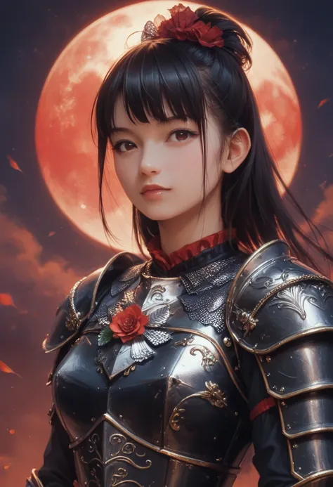 ( Fantasy Art ), ( portrait of a beautiful female knight, hkstyle, suzuka nakamoto xl), Night grassland background, White Fox,  (Red Moon,  black armor, Red accent)