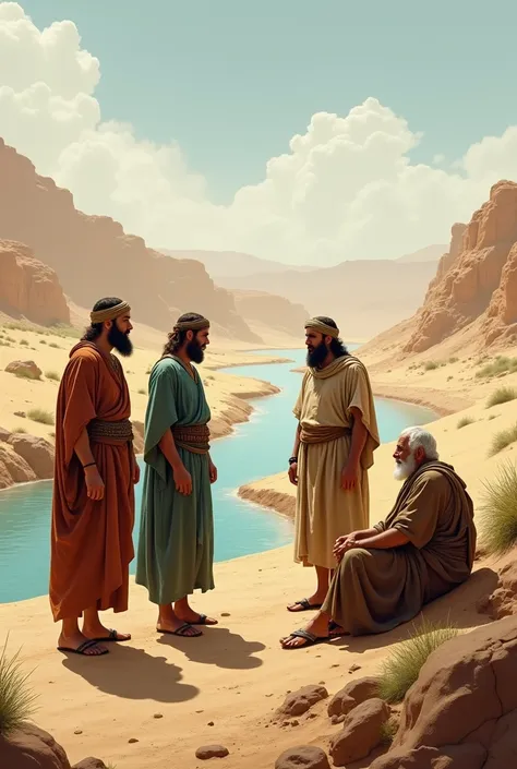  three male friends approach a lonely old man in the desert by the river, The 4 dressed as an Israelite , 