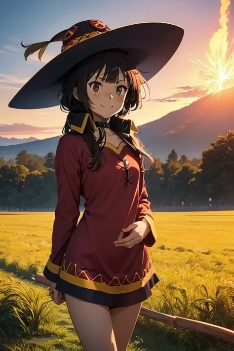 ((best quality)), (( masterpiece )), (detailed), (4k), (8K), (1girl), (( Megumin)), (ropa detallada de  Megumin), (sombrero de  Megumin), Slim body, beautiful,  beautiful face ,  shiny skin and face ,  big, aesthetic eyes , ((Ojos rojos)), aesthetic hands,...