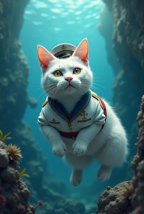 A majestic white cat, wearing a pilots uniform, peacefully floats underwater amidst a shipwreck scene filled with vibrant blues, greens, and grays, featuring the textures of water, rocks, and sunken ships, highlighting the calmness and serene ambiance of t...