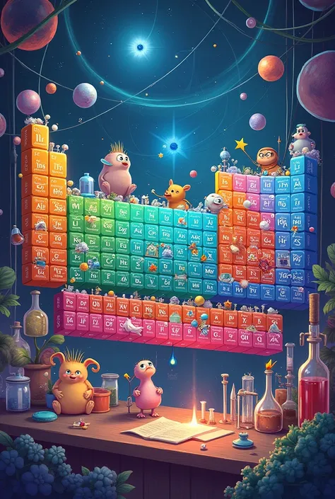 Make a creative and colorful illustration of Periodic Table  including their legends (Parts of the periodic Table, Atomic Number and Atomic Mass)
