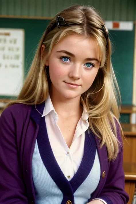 Medium view, of young aged, 19 year old, Sarah Bolger, gilf, milf, face portrait, irish features, chubby, long hair, blond hair, school uniform, in Small town 1980s ireland,