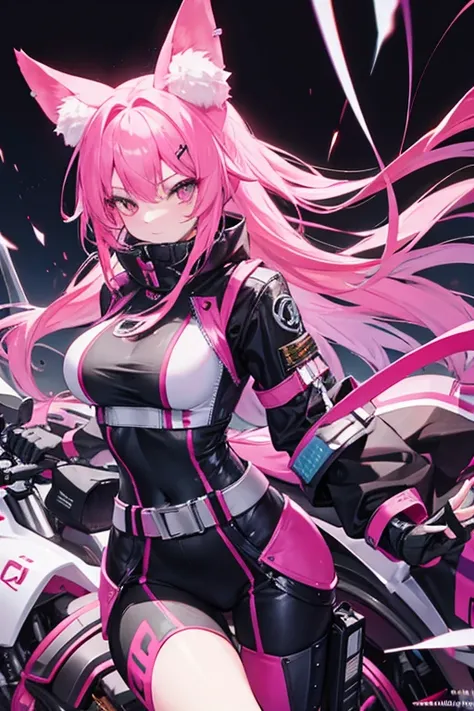  long hair she has pink hair gender :Female Age: clothes :  half cyberpunk ,  she has pink kitsune ears and tails but she puts all her tails together in one to form just a tail,  she wears a finger-less glove and a stocking that reaches her knee she is rid...