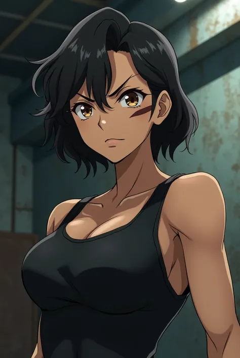 young woman,short hair up to the neck wavy and black,Medium brown skin,  moderately muscular physique ,black clothes, scar under your right eye,Brown eyes ,annoyed look,anime,blue collar.