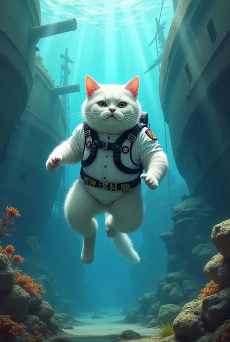 A body builder white cat, wearing a pilots white uniform, peacefully floats underwater amidst a shipwreck scene filled with vibrant blues, greens, and grays, featuring the textures of water, rocks, and sunken ships, highlighting the calmness and serene amb...