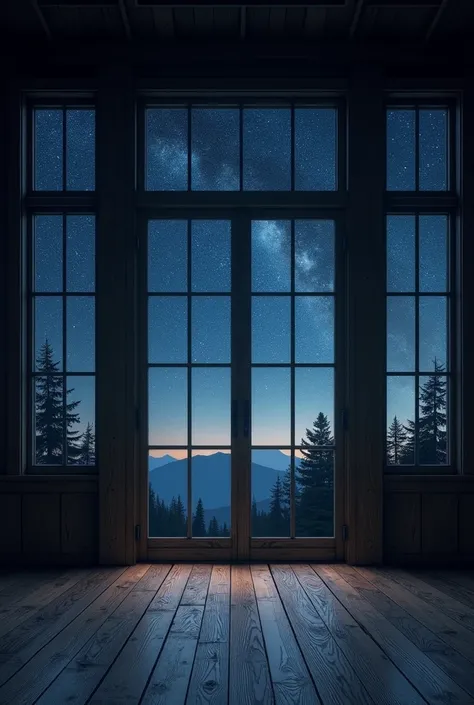  create the image of a dark wooden room , The interior , Out there this night is starry ,  this will be the background of a video I made in Chroma Key,  so do it so that it is applicable 