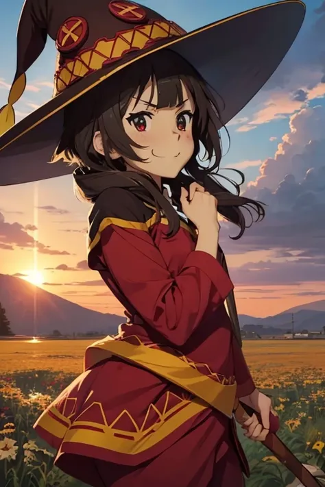 ((best quality)), (( masterpiece )), (detailed), (4k), (8K), (1girl), (( Megumin)), (ropa detallada de  Megumin), (sombrero de  Megumin), Slim body, beautiful,  beautiful face ,  shiny skin and face ,  big, aesthetic eyes , ((Ojos rojos)), aesthetic hands,...