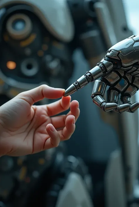 The finger of a person touching the finger of an AI against a background of a machine
