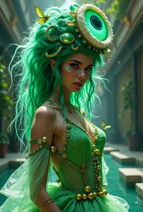 Hair: far away,  smooth and in a vibrant shade of green-green Esmeralda ,  that attracts attention and gives a mysterious and powerful air .

eyes:  intense and penetrating ,  with a yellowish tint / gold that reflects a strong and captivating personality ...