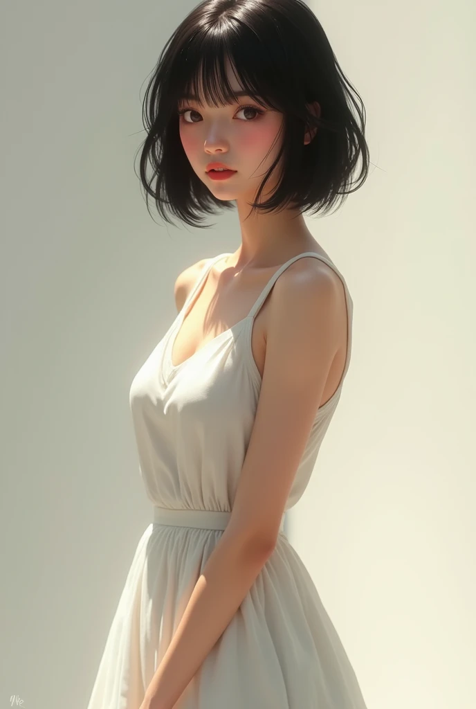 The girl with the slender body and small breasts .  has short black hair ,  brown eyes and wore a simple white dress.