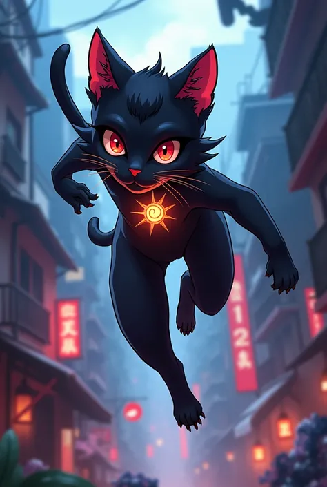 cat thief (black and red and with a feminine HAIRSTYLE with sun amulet on neck) (anime like style)
