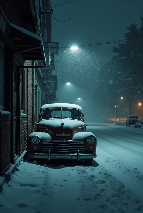 Old car standing in the corner of the dark street heavy snow storm snowfall full dark image 