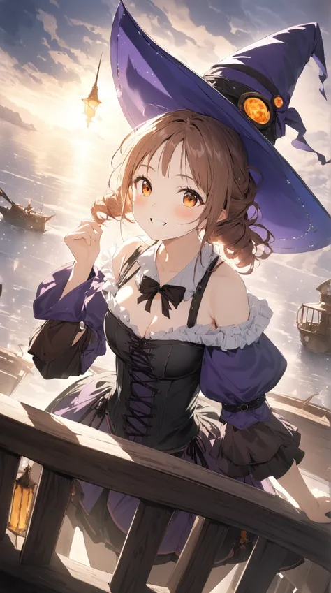 1 girl, (cute face), 18 years old, to many hairstyle, (curious, wide smile), (blush), medium breasts, slim, (wearing fantasy game style witchs costume, Dirndl), (witchs Hat:1.2), (leaning forward:1.2), (standing on edge of deck , breast rest on gunwale), l...