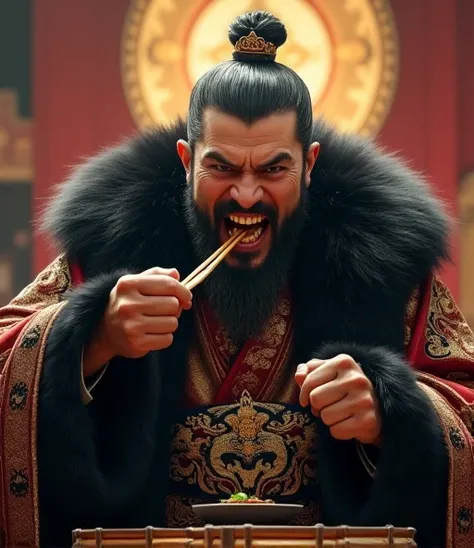 a man, in a cape with black fur on the collar, holds chopsticks tightly across his teeth, holds them with his teeth, bites, growls, emperor 