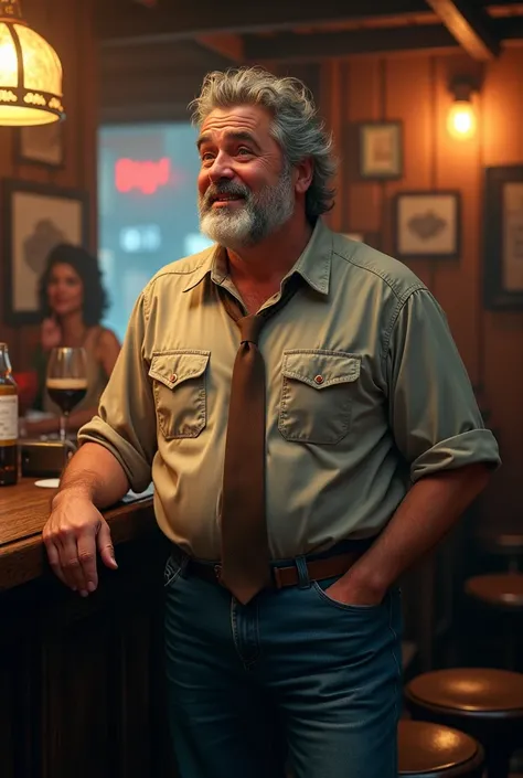 Somewhat fat gray middle-aged man in his 40s wearing bar clothes