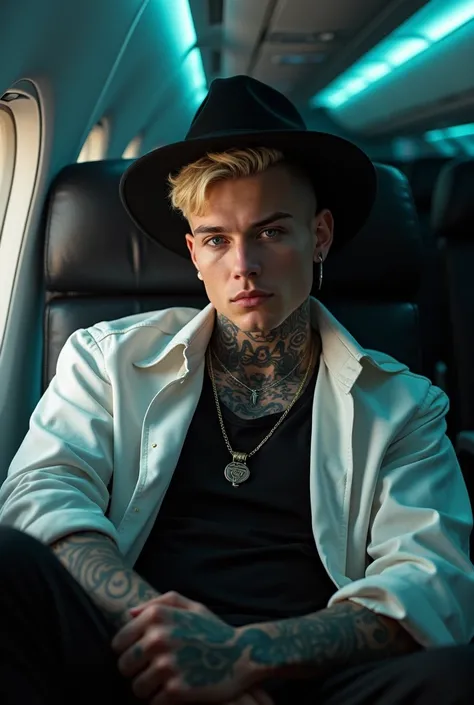 Romeo Beckman Buzz Cut blonde hair wearing black hat , white pele ,  well defined body, neck and body tattoo , Wearing a black puff shirt pose selfie sitting in the airplane armchair at night night 