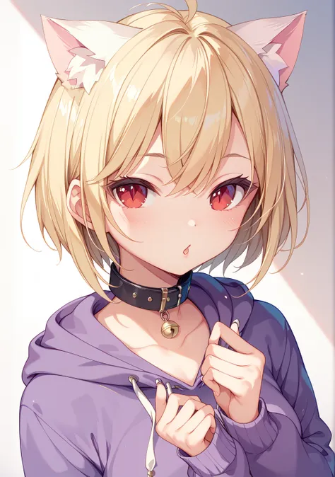 Alone、 girl、 cute、 blonde alone、  shorthair、 short hair 、 cat ears the same color as hair、Red Eyes、 Black collar、Purple hoodie、 hot pants、Cat pause 、  Masterpiece ,  Its high definition  , High image quality , 