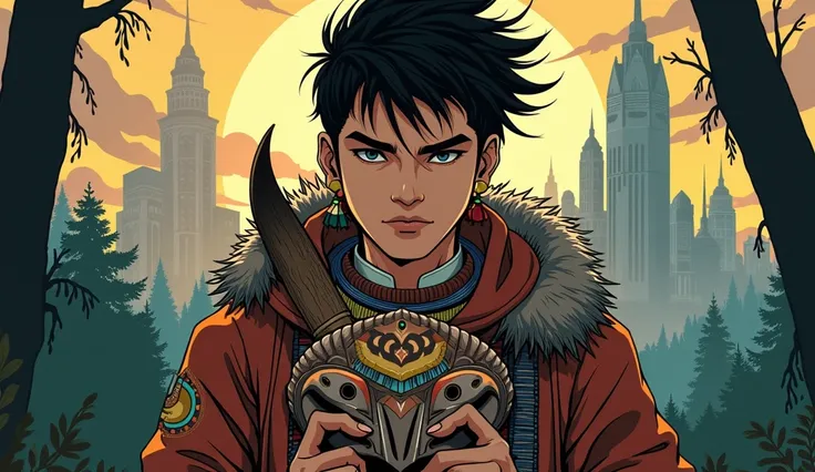 ((Anime Style)), Highly detailed illustration of a handsome young man with messy hair wearing indigenous tribe clothing holding a Prowler mask, standing with his tribe mask, Trigon, DNA², Ranma, Highly detailed face, Bold ink lines, Cell shading, Soft mute...