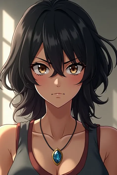 young woman,medium short hair, wavy and black,She has a necklace with a blue ornament,Medium brown skin,  moderately muscular physique ,black clothes, scar under your right eye,Brown eyes ,annoyed look,anime.