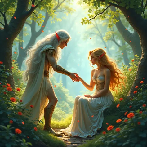 A young elf with long silver hair offered his hand to help up a beautiful woman with yellow hair sitting in the middle of a colorful forest