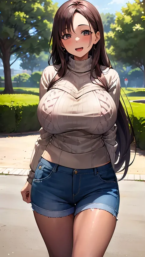 FHD, cowboy shot, masterpiece, extremely detailed CG, absurdres, (looking at viewer, facing front:1.8), (long hair:1.2), (1girl, 42yo woman, mature woman:1.8), (shy, smile, surprised, open mouth:1.2), (curvy body:1.2), (gigantic breast:1.2), (arms  behind ...