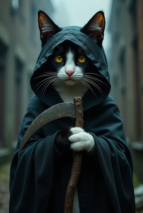 Bicolor cat disguised as a grim reaper 