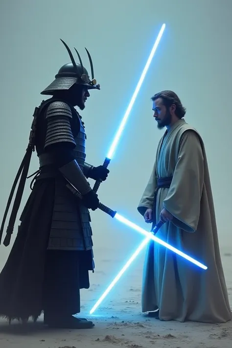 A samurai confronts Obi-Wan with a blue lightsaber