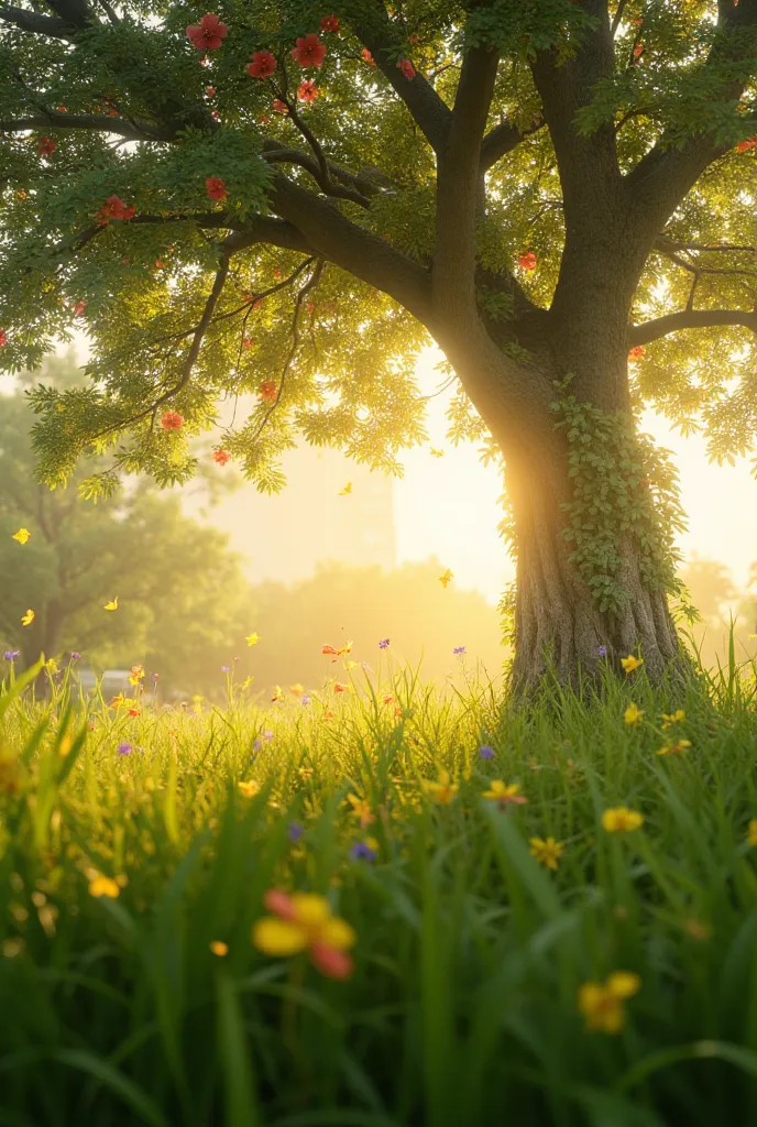 a beautiful tree at the green meadow in te morning, with the sunlight and some flying leaves, grass swaying in the wind, with co...