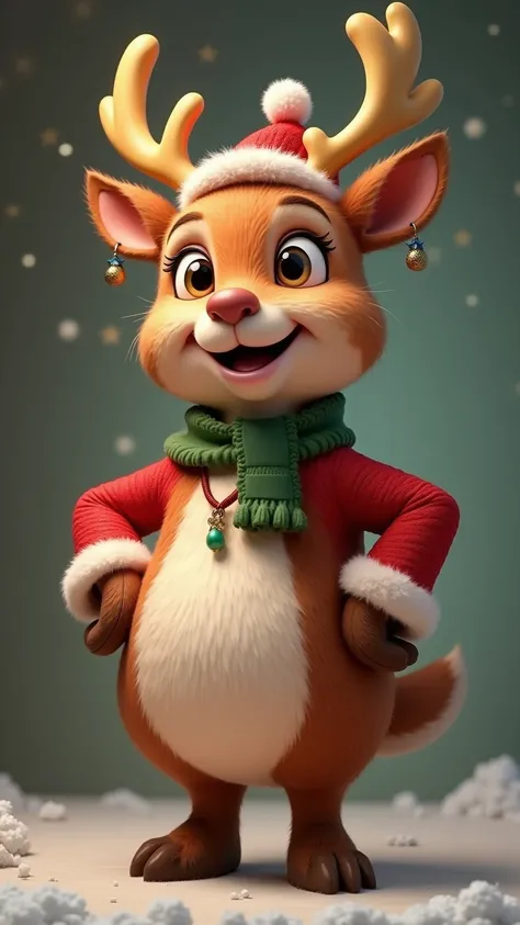 photorealistic portrait of anthropomorphism of  (fat) (reindeer) ,(Art by Skottie Young:1.2),(Christmas theme),(cute),(happy smile:1.5), (elegant),(hands on hips:1.5), high quality,(lovely) ,(highly detailed fur texture),Christmas motif accessories,,(), ( ...