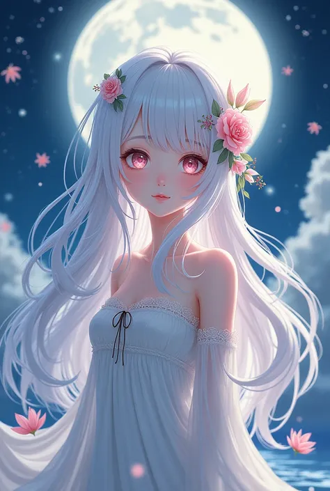 Chinese anime girl with bright white long hair, wearing flowers in her hair. Wearing a elegant white dress with lace trimmings. Majestic background with a full moon with a nighttime sky. 