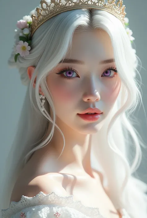 Realistic gorgeous woman with pretty crown white skin with make up wearing wedding tops looks age of 23 white hair straight looks japanese font view with small eyes like chinese eye color purple
