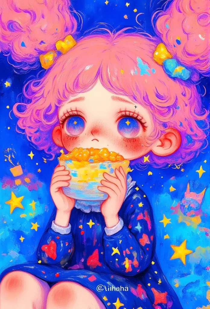 a close-up of the face of a beautiful girl with pink hair and blonde eyes. long eyelashes, golden stars decorate her eyelids, an...