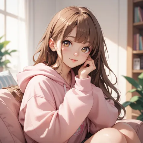  anime style　 Long Hair　Brown Hair　light pink hoodie　Beauty　 cute