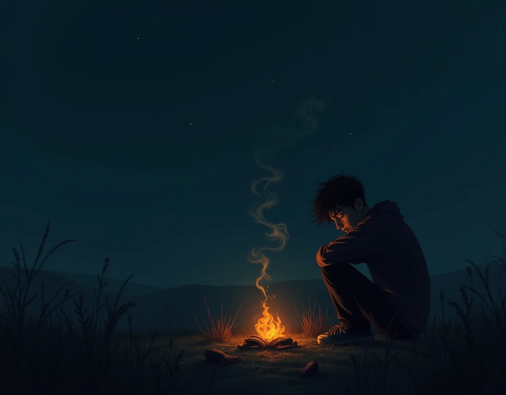 A sad person sits at night next to a small fire, in an atmosphere full of sadness and calm. 