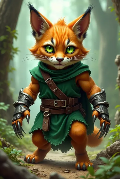 Small caracal catfolk barbarian wearing claw metal gauntlets and a green tunic. Green eyes