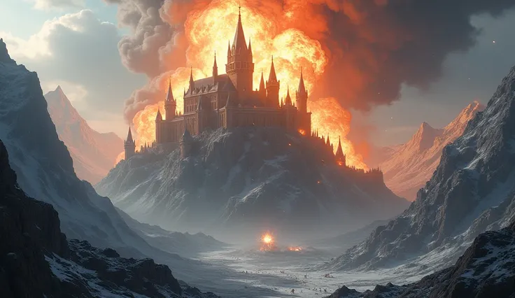 Huge castle in the mountains exploding 