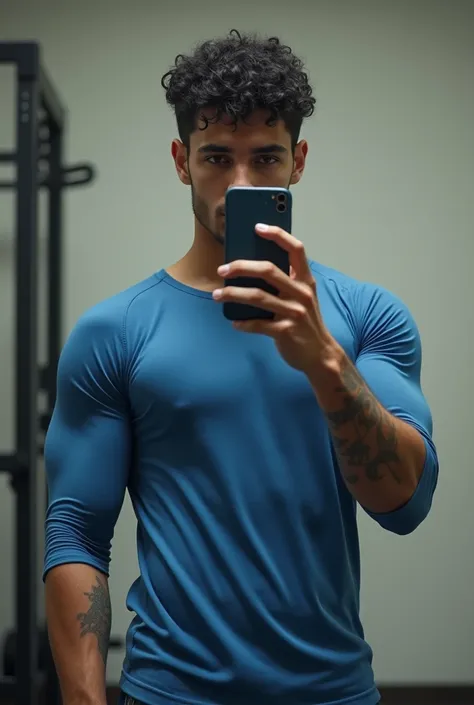   A tall brown boy , thin ,  Brasileiro, Black Eyes  , Short hairstyle ,   short curly hair, handsome man  ,Have small muscles ,blood vessel, Broad shoulders,  Wear a blue long sleeve t-shirt with a round neck,  without a logo and jeans . at the gym, takin...