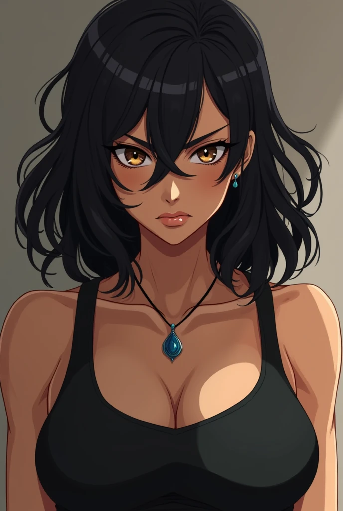 young woman,medium short hair ,wavy and black,She has a necklace with a blue ornament,Medium brown skin, scar under your right eye, moderately muscular physique ,black clothes,Brown eyes ,annoyed look,anime.