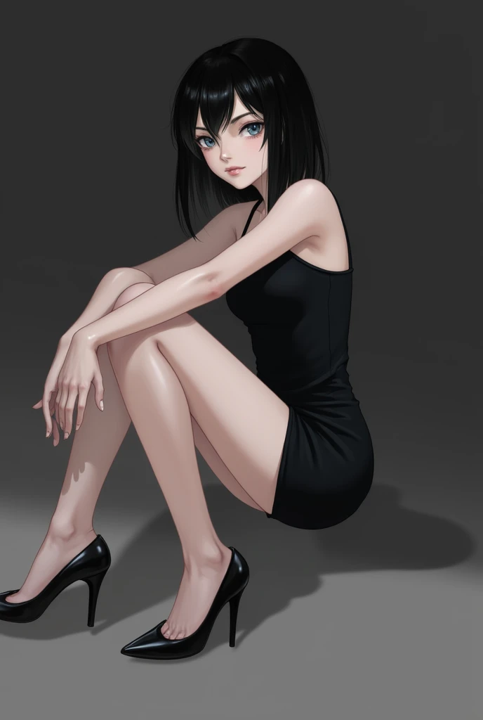 You can create the image of a girl with a white complexion, black hair, short shoulder-length hair, dressed in a black dress above the knees and high heels in black.