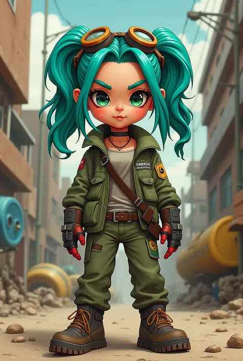 Tank girl with cute pigtails and teal hair in the style of groillaz the band character 