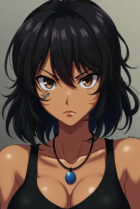 young woman,medium short hair ,wavy and black,She has a necklace with a blue ornament,Medium brown skin, scar under your right eye, moderately muscular physique ,black clothes,Brown eyes ,annoyed look,anime.