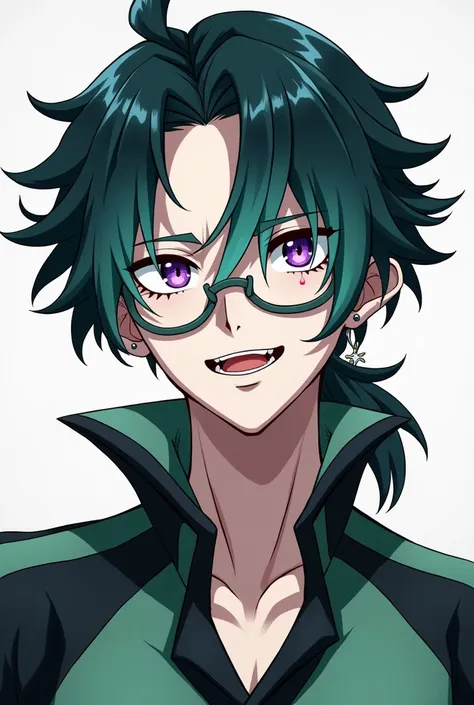 style:  My Hero Academia
Gender :  male 
Description of the hair : color negro,  with the mint green tips and medium ,  tied in a low ponytail  ( tomioka style )
Skin tone: white,  a little pale
Features of the eyes: tired eyes, Strong purple color,  dark ...