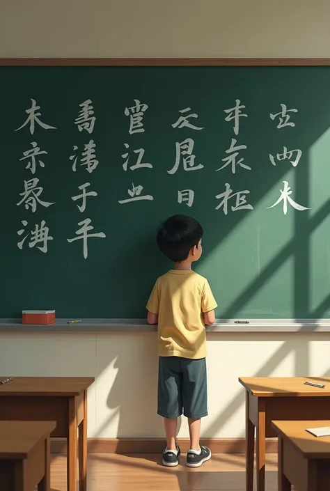 Create an image in the style of Makoto American ren studying Chinese characters written on a blackboard at an American elementary school