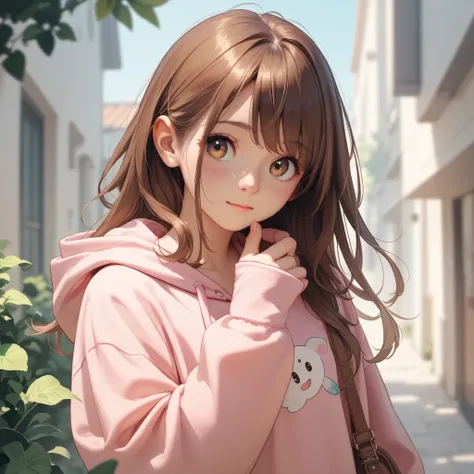  anime style　 Long Hair　Brown Hair　light pink hoodie　Beauty　 cute