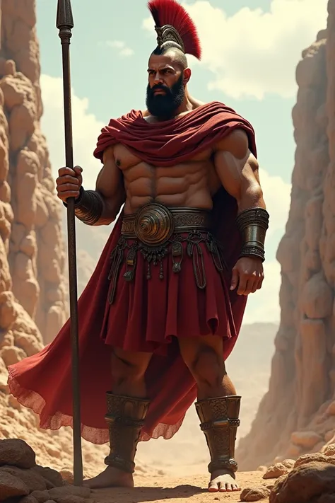  Create a tall and extremely muscular Spartan soldier, He wears some robes ,  but you can still see his muscles ,  he wears a spear in his right hand  