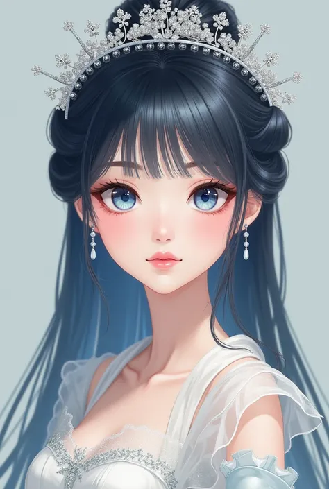 Realistic gorgeous woman with pretty crown white skin with make up wearing wedding tops looks age of 23 white put some blue slight hair straight  looks japanese font view with super narrow eyes with eye liner like japanese eye color crystal
