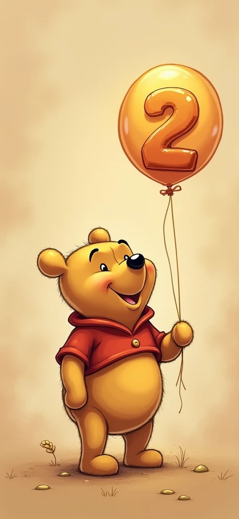 Winnie the Pooh bear with brown background holding a number 2 balloon